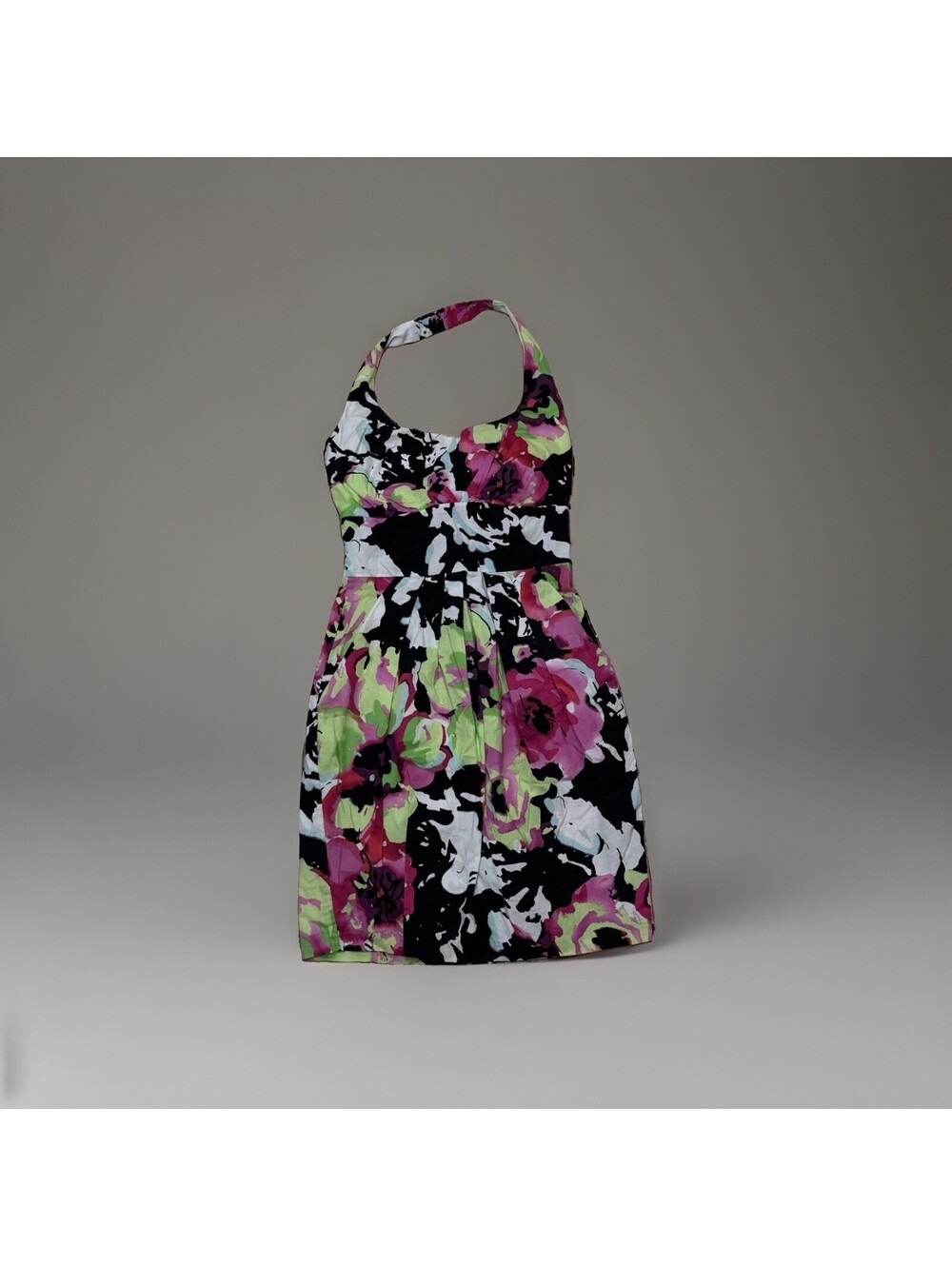Vintage Y2K B. Smart Dress Size 7/8 Pink Lime Green Floral Halter Cocktail Mini